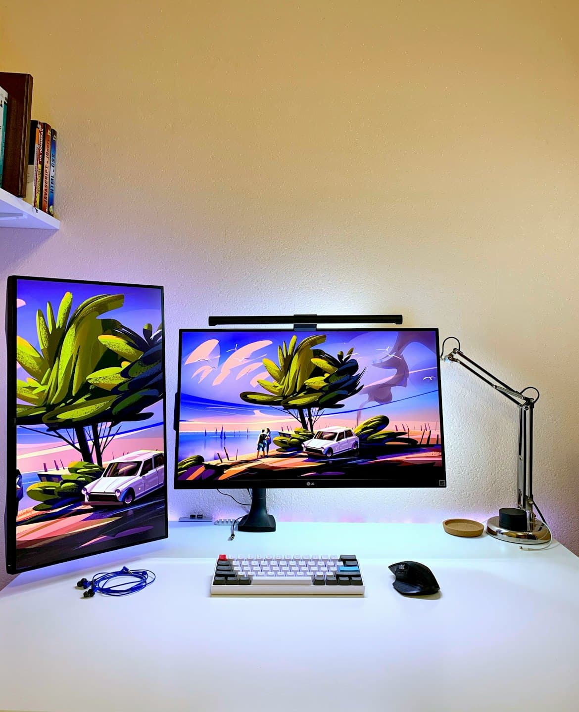 Computer monitors displaying a coastal illustration on a white desk.